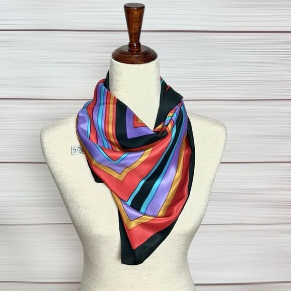 Baar & Beards Silk Square Scarf Colorful Striped Hand Rolled 30x30” - Picture 5 of 9